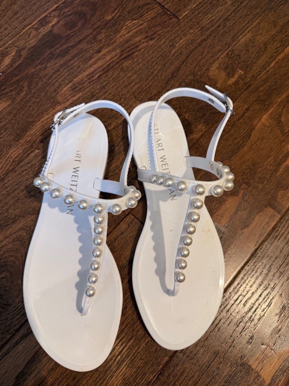 Stuart Weitzman White Pearl-Embellished T-Strap Sandals